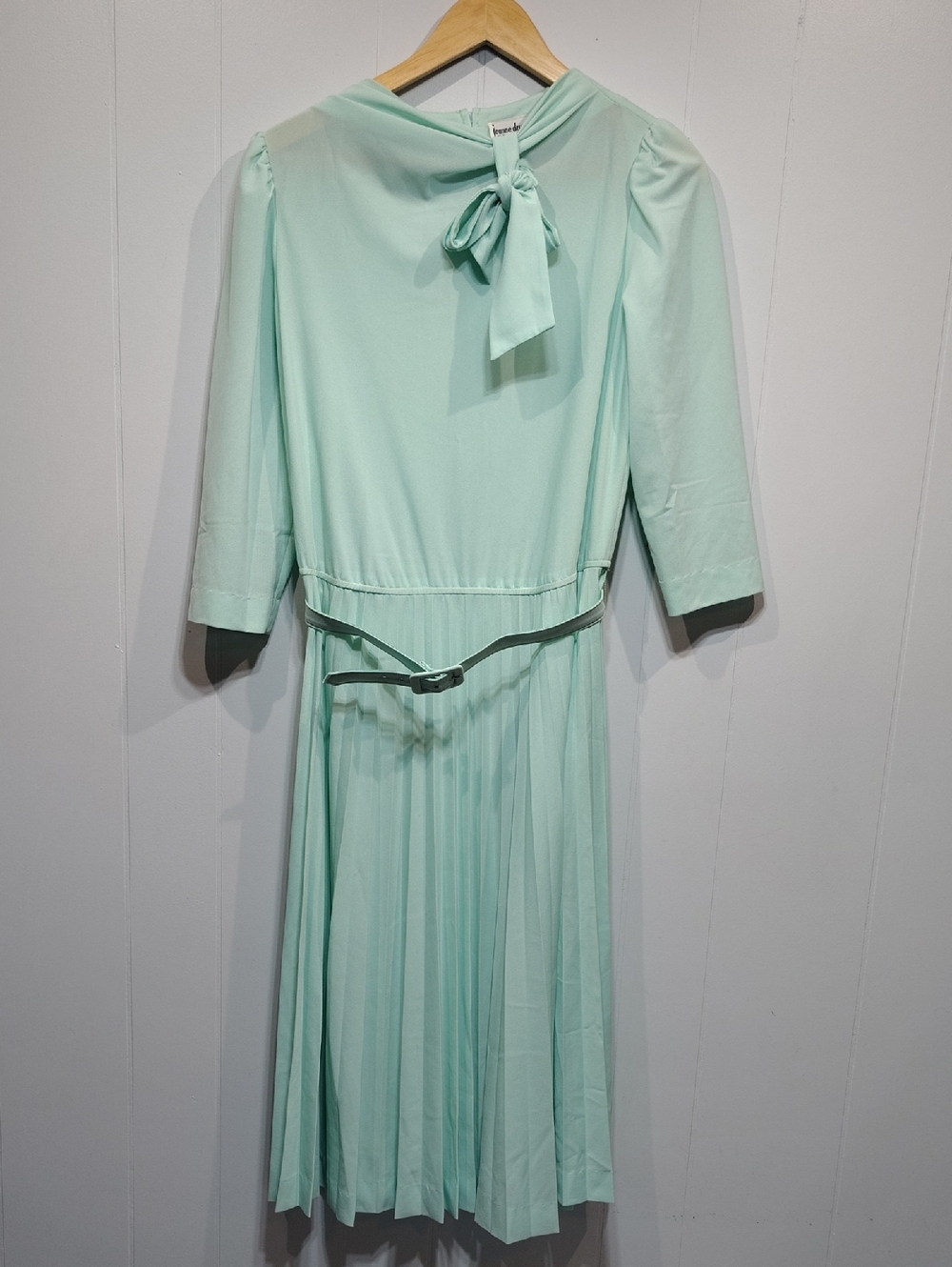 Vintage Jeanne Durrell Pleated Midi Bow Dress Seafoam Green Belted Secretary